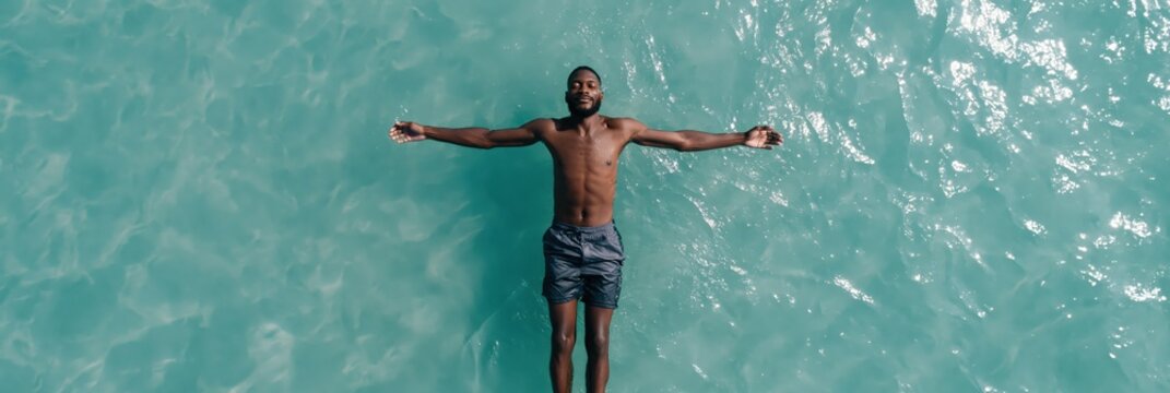 Overhead view of man floating on turquoise water for relaxation background and travel banner