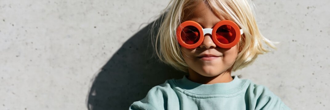 Closeup child portrait with oversized round red sunglasses and teal sweatshirt against concrete wall for fashion banner and editorial background