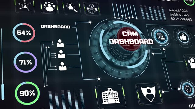 Futuristic crm dashboard software interface displaying real time consumer analytics with glowing digital percentage charts and interactive data loop