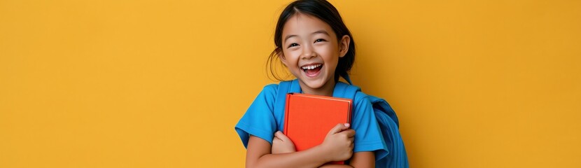 Obraz premium Smiling schoolgirl holding an orange book on a vibrant orange background for back to school poster and education banner