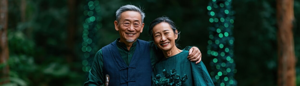 Elderly couple embracing in forest with decorative lights for warm anniversary background and portrait banner showing family love and celebration