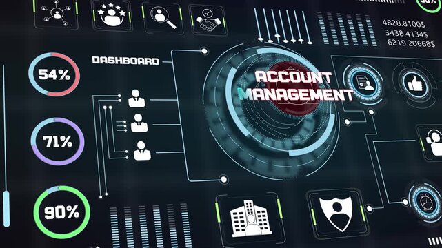 Futuristic business sales tracker screen analyzing precise account management statistics along with glowing database organization graphs