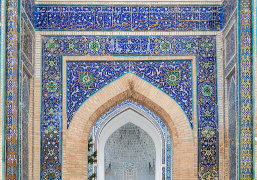 Beautiful mosaics at the entrance of Gur-e Amir mausoleum in Samarkand, Uzbekistan.