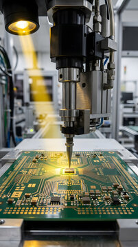 Precision electronics manufacturing machine processing circuit board assembly.