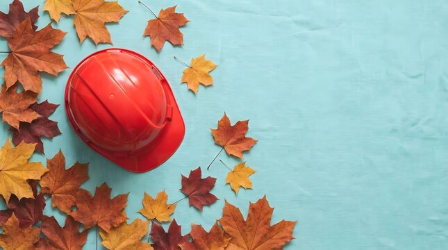 Labor day construction worker safety red hard hat with autumn fall leaves