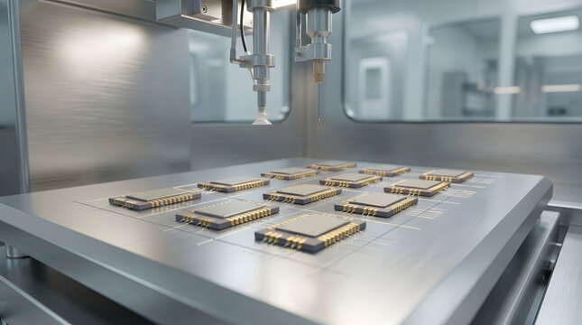 Automated chip packaging system arranging microchips on cleanroom platform.