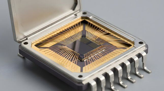 Open integrated circuit package revealing silicon die and bond wires.