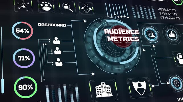 Modern audience metrics tracking screen displaying company interactive marketing outreach with detailed progress charts