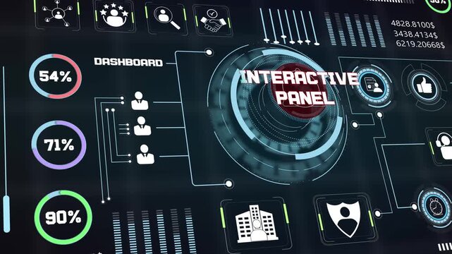 Business workflow system display showing interactive panel variables along with innovative online media graphics loop