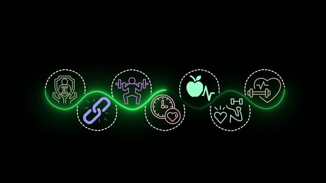 Health and longevity economy concept on the black background. A holistic approach to a healthy lifestyle and extended life expectancy. Motion graphics of longevity economy idea. 4k motion video.
