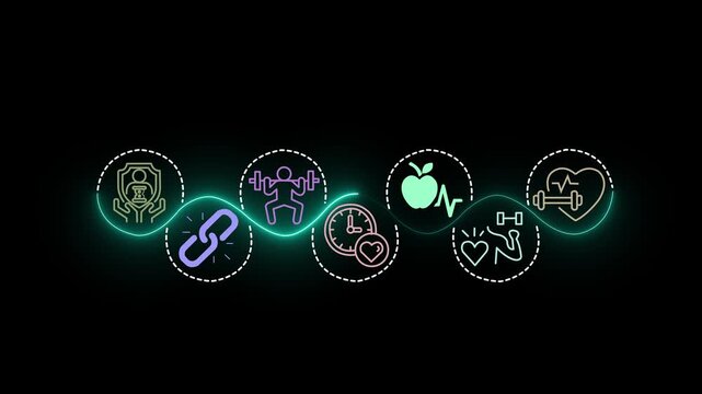 Health and longevity economy concept on the black background. A holistic approach to a healthy lifestyle and extended life expectancy. Motion graphics of longevity economy idea. 4k motion video.