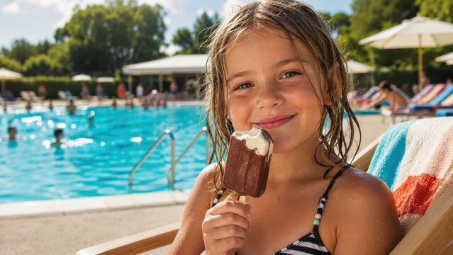 Fr&ouml;hliches M&auml;dchen genie&szlig;t ein Schokoladeneis auf der Sonnenliege am Pool. Das sommerliche Urlaubsmotiv verbindet Kindheit, Erfrischung, Ferien und entspannten Badespa&szlig;.