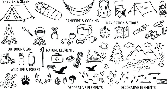 Camping Doodle Set Hand Drawn Outdoor Vector Illustration