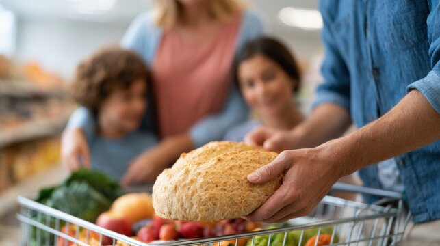 Family grocery shopping together in a supermarket, holding fresh bread while fruits and vegetables are visible in the shopping cart