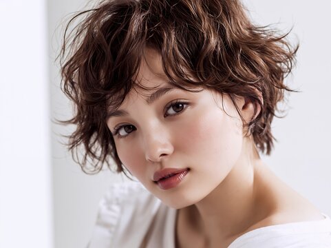 透明感あふれる無造作ウェーブショートヘアの若い日本人女性