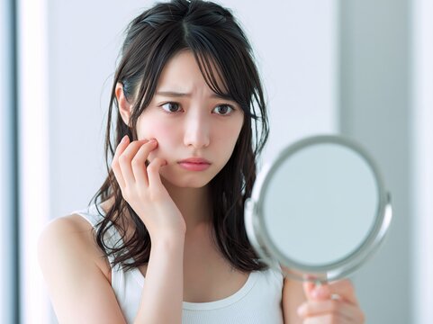 鏡を見て肌の悩みに困る若い女性のスキンケアと美容イメージ
