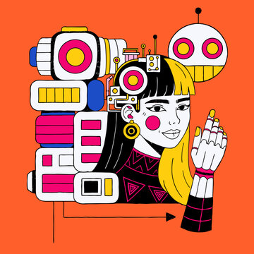 Stylized portrait of a woman with robotic mechanical parts, and colorful geometric shapes on orange cyborg