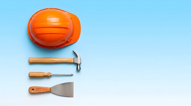 Construction tools overhead helmet hammer screwdriver and putty knife on blue gradient