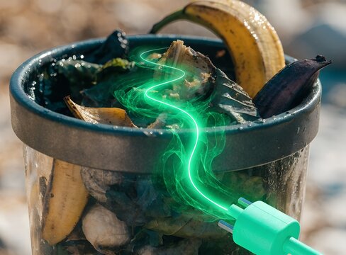 A bright green electric power plug drawing energy from a compost bin filled with organic waste to illustrate sustainable bioenergy and waste to power recycling concepts