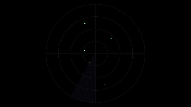 Radar screen with concentric circles and illuminated targets rotating in a seamless loop.