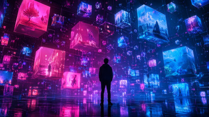 Obraz premium Person standing among glowing digital cubes displaying various virtual worlds