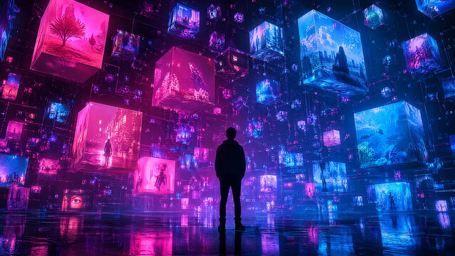 Person standing among glowing digital cubes displaying various virtual worlds