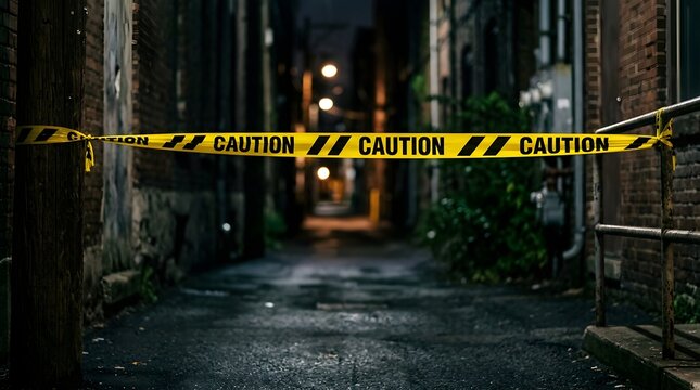 Dark alleyway blocked by caution tape crime scene or restricted access illustration