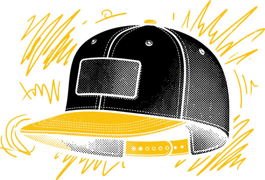 Retro snapback baseball cap vector illustration, black and yellow trucker hat with halftone texture, urban streetwear headwear graphic