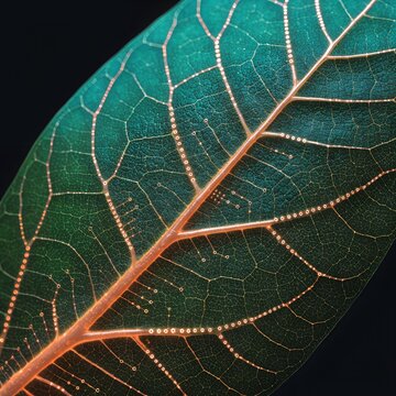Macro conceptual photograph of a vibrant green leaf with intricate glowing veins resembling a high tech circuit board representing nature fusion