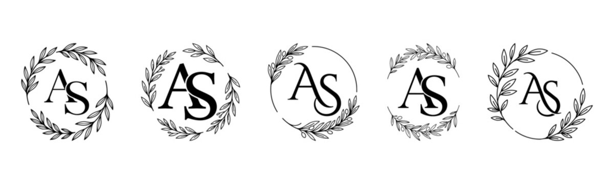 AS Monogram Set with Elegant Botanical Wreath and Floral Initial Letters Vector