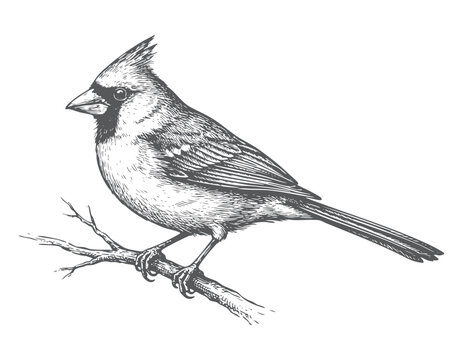 Crested cardinal bird perched on branch in vintage hand drawn engraving. Cardinal bird side view in vintage wildlife black ink line art.