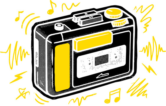 Retro portable cassette player vector illustration, vintage walkman style music device, black and yellow hand-drawn analog audio recorder icon