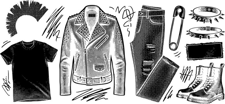 Punk rock fashion vector set, hand drawn leather jacket and combat boots, edgy subculture clothing illustrations, black and white grunge apparel icons