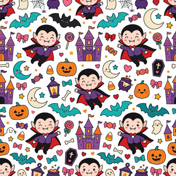 Cute cartoon vampire seamless pattern with pumpkins ghosts and bats for halloween