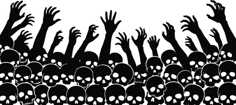 Black and white silhouette of zombie hands reaching up from a crowd of human skulls