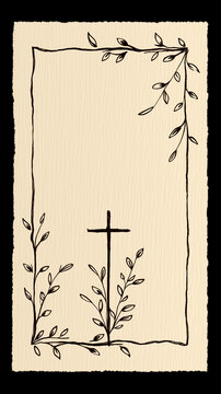 Frame with a cross and ornate religious frames and ethnic decorative leaves. Perfect for Easter cards, Christmas cards, and baptism cards.