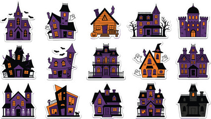 Naklejka premium Set of cute cartoon haunted houses for halloween, collection of spooky mansions and scary homes with ghosts, bats, and pumpkins