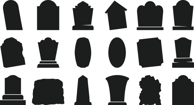 Tombstone silhouettes set gravestone vector icons for cemetery, graveyard, halloween design headstone shapes collection