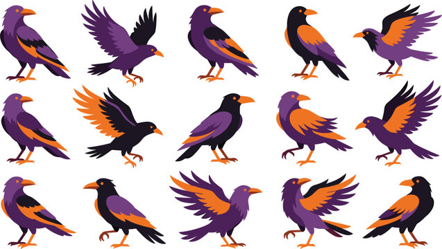 Set of stylized ravens or crows in various poses, vector illustration of black birds with purple and orange wings