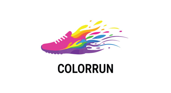 Vibrant rainbow-painted running shoe with dynamic splash and bold branding design.