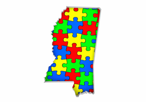 Mississippi MS State Map Autism Puzzle Pieces Awareness Autistic Symbol Spectrum 3d Illustration