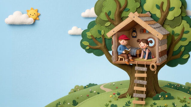 Cut felt handcrafted illustration of a boy reading and a girl playing in a treehouse on a grassy hill under a sunny blue sky with copy space.