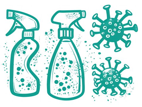 Illustration of cleaning spray bottles with virus icons