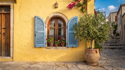 Fototapeta premium Yellow Mediterranean House with Blue Shutters Arched Window and Olive Tree in Terracotta Pot