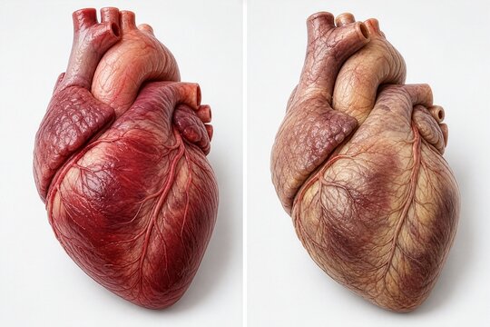 Comparison of young and aged human heart side by side on white background, concept of cardiovascular aging and heart health