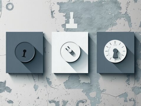 Three lock icons with keyholes on a weathered wall