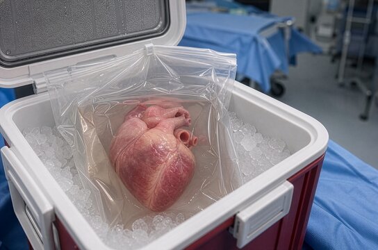 Donor heart preserved in sterile bag inside ice-filled transport cooler, concept of organ transplantation and medical transport