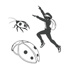 Surreal ladybug vector illustration, giant beetle insects with jumping human silhouette, monochrome nature fantasy graphic design elements © hassanrakin