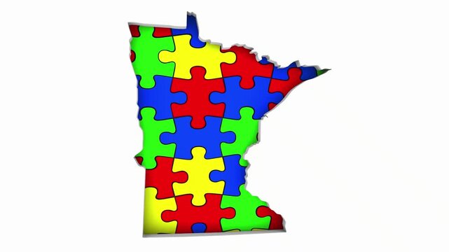 Minnesota MN State Map Autism Puzzle Pieces Awareness Autistic Symbol Spectrum 3d Animation