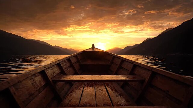 Perspective from wooden boat facing golden lake sunset.